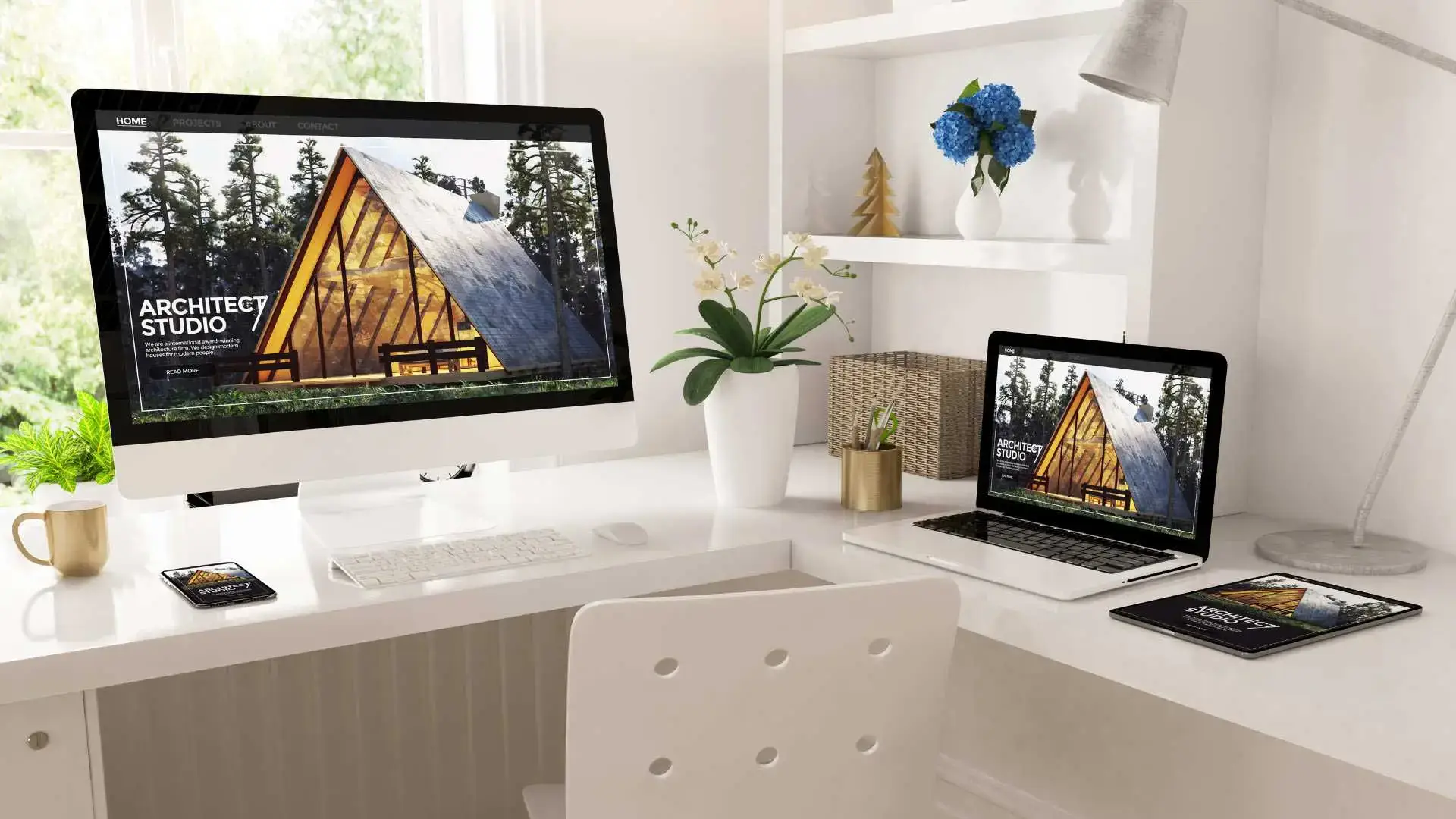 About The Website Designer other projects computers showing a real estate website on a white computer desk